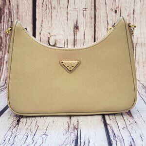 Prada Saffiano Leather Crossbody Cream Beige Zip Small Handbag Purse Cosmetic